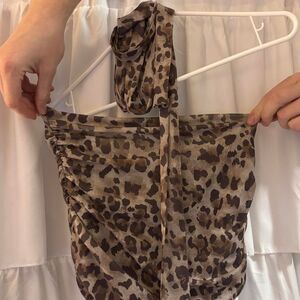 SHEIN Leopard Brown Tan Scarf Strapless Club Medium Women's Cheetah Crop Top
